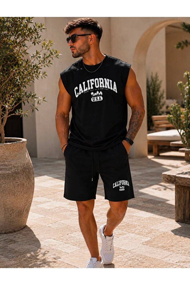 Men's California Printed Zero Sleeve Basic Shorts Set - 1