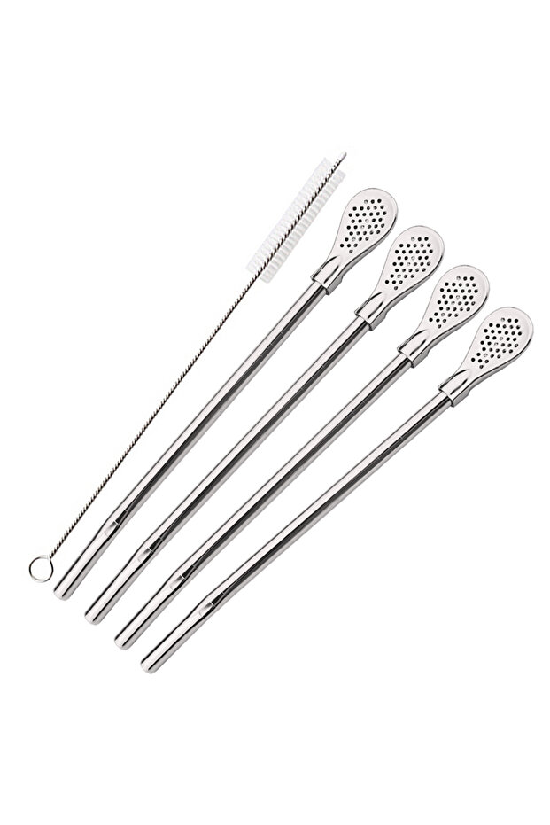 Silver 5Pcs/Set Silver Stainless Steel Drinking Straws Washable Reusable Yerba Mate Spoon Filter Str