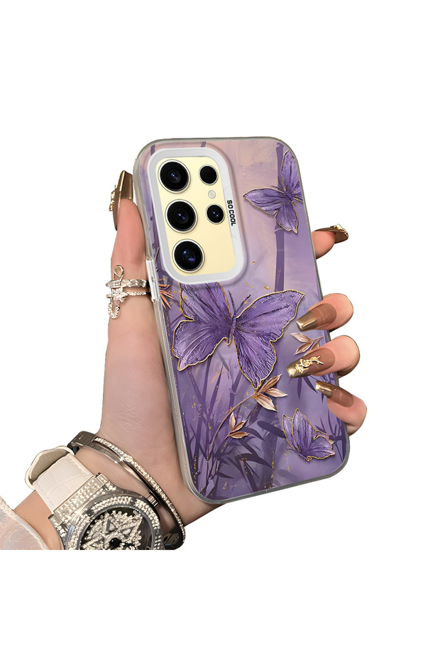 Samsung Galaxy S24 Ultra Compatible Silicone Edge Hard Back Case Couple Phone Case Butterfly Pattern