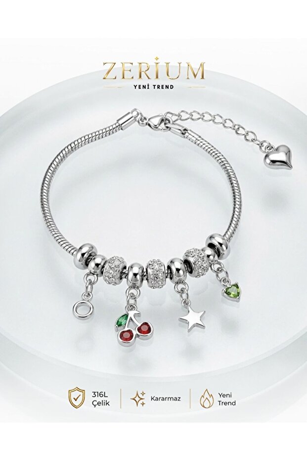 Women's Silver Color Steel Bracelet with Dangle Cherry Star Charm