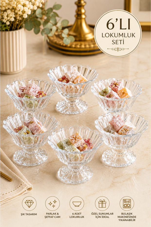 6-Piece Glass Lokum Bowl Set with Stands, Transparent Glass Snack Bowl, Sauce Bowl, Dessert Bowl, Ice Cream Bowl, Presentation Bowl