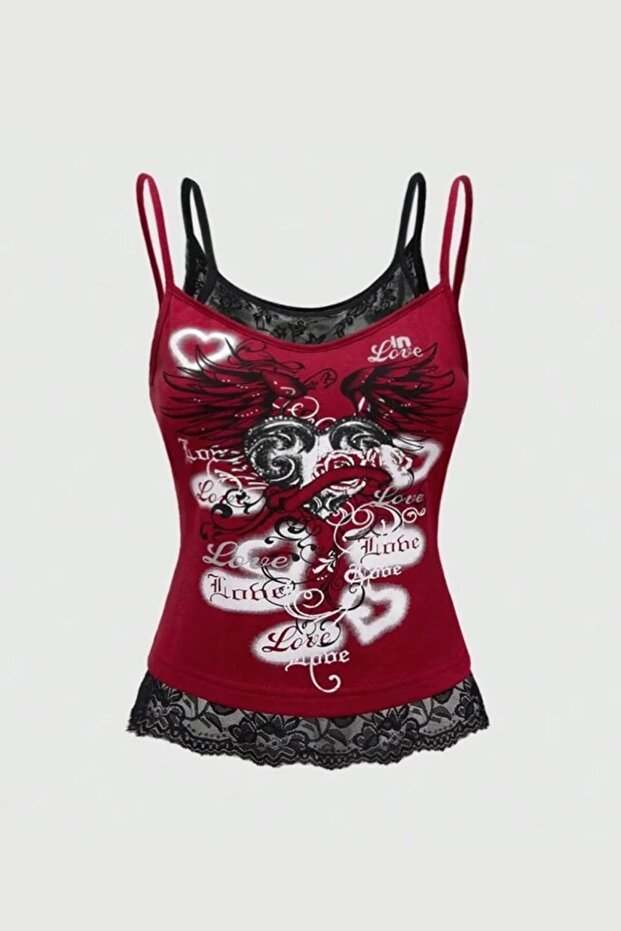Burgundy Gothic Coquette Love Lace Detailed Y2K Strap Crop Body