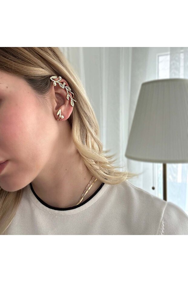Gold Pearl Leaf Earcuff Earrings