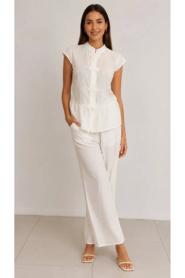 Women's Judge Collar Button Detail Flounce Blouse Trousers Flared Woven Suit 26088