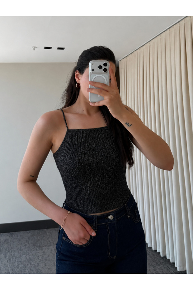 Black Glitter Detailed Bodysuit - 2Y4264