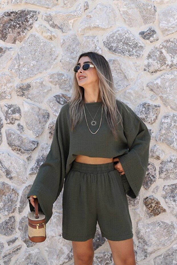 Khaki Standard Size Loose Fit Bat Sleeve Blouse