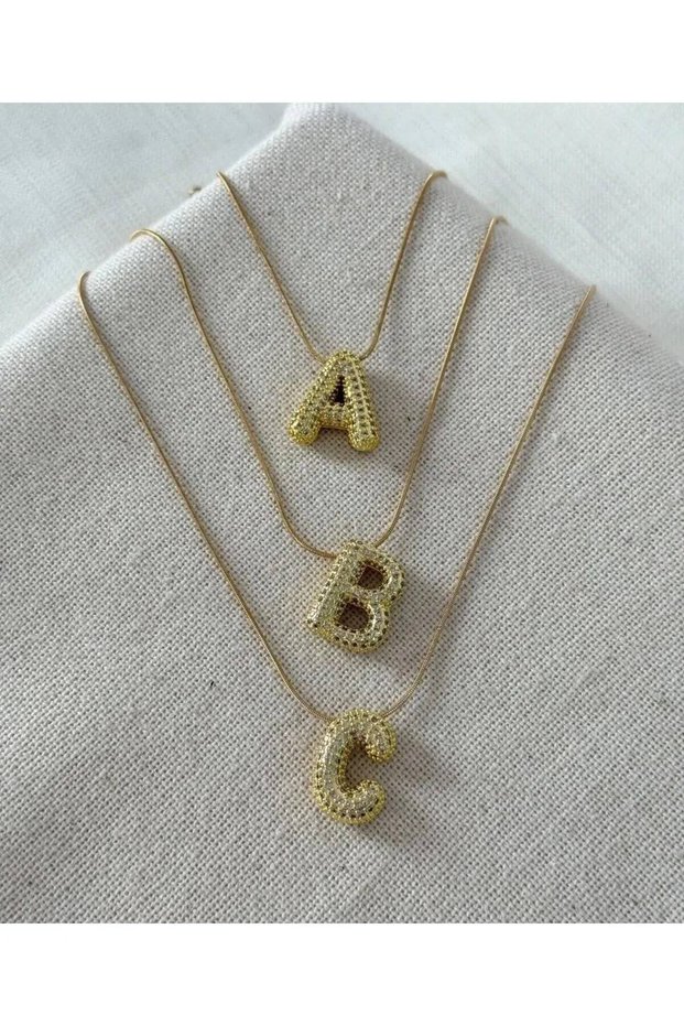 Accessory, Gold Steel Necklace with Zircon Stones and Chubby Letter, Italian Chain - Letter a