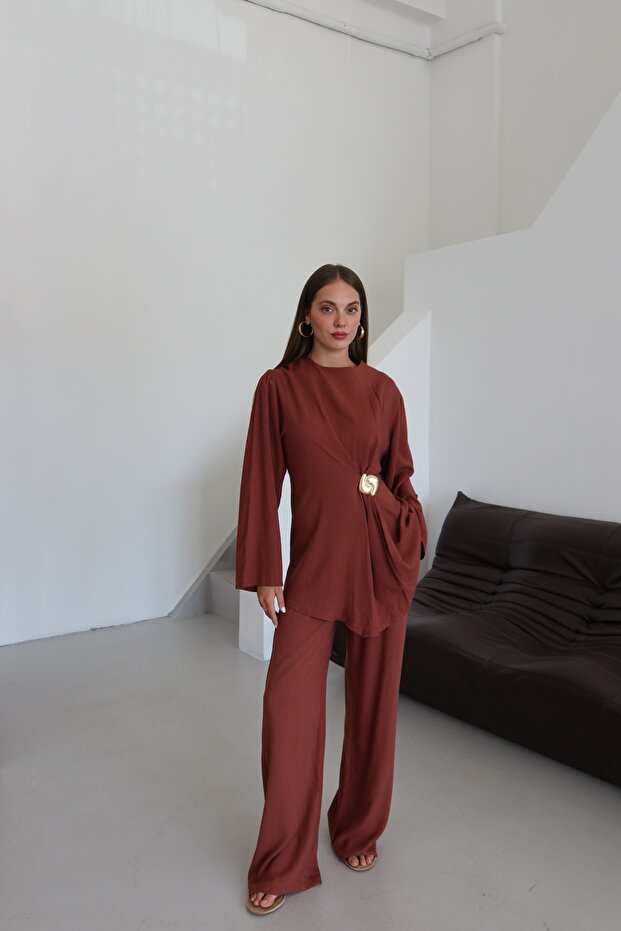 Kiremit Gold Brooch Blouse and Pants Set - 2Y8759