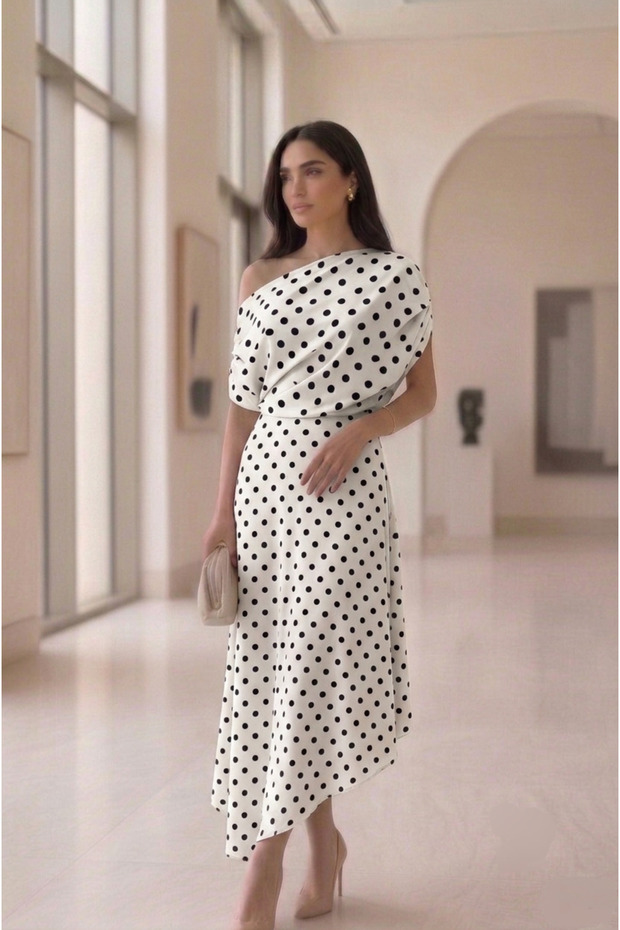 Polka Dot One-Shoulder Draped Asymmetrical Cut Dress