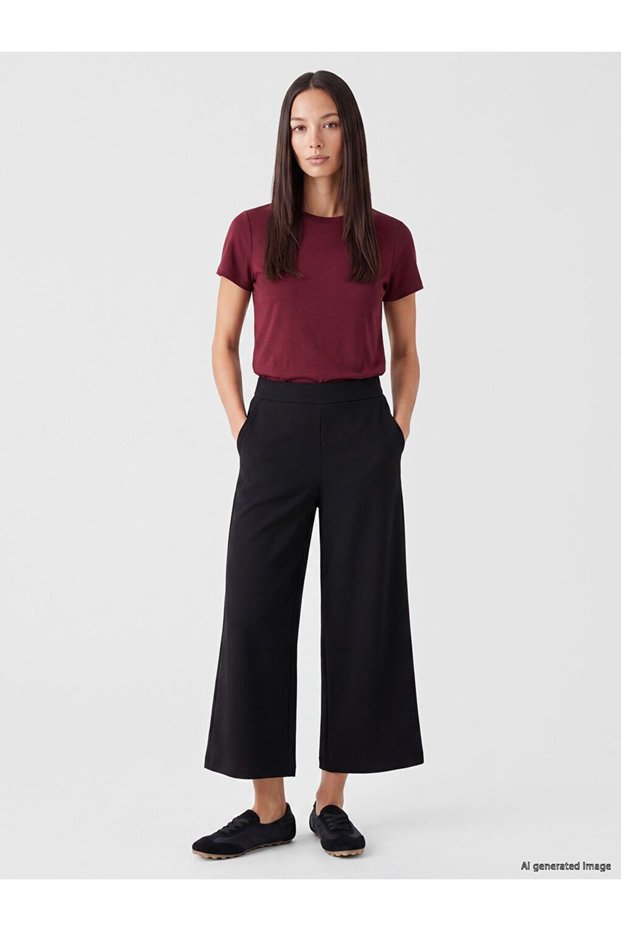 Lcwaikiki Classic Black Elastic Waist Wide Leg Women's Trousers