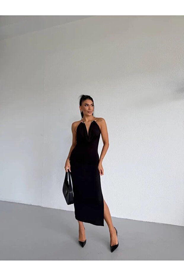 Sandy Fabric Collar Detail Dress Black