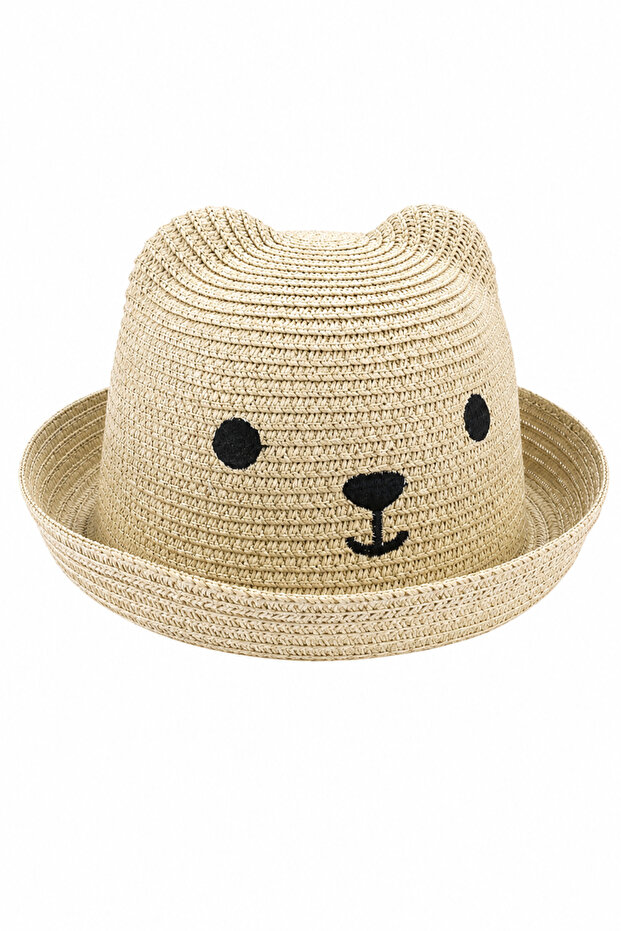 Girl's Beige Bear-Eared Straw Fedora Hat 1-4 Years Old