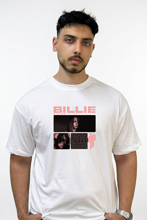 تي شيرت أبيض كبير الحجم مطبوع بتصميم Billie Eilish_146