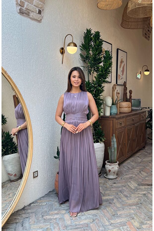 Lilac Shiny Lined Long Evening Dress - Tight Fit