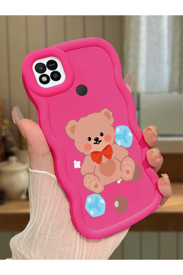 Redmi 10A Compatible Case Camera Protector Red Silicone Couple Phone Case Bear Pattern