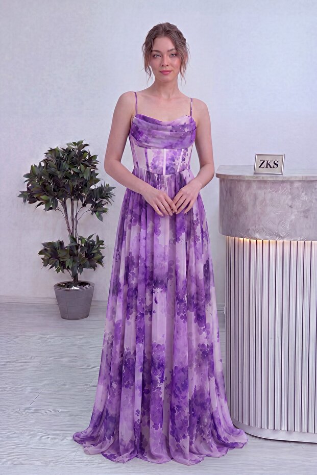 Women's Tie-Dye Patterned Backless Slit Drape Collar Corset Look Chiffon Dress Purple, Blue