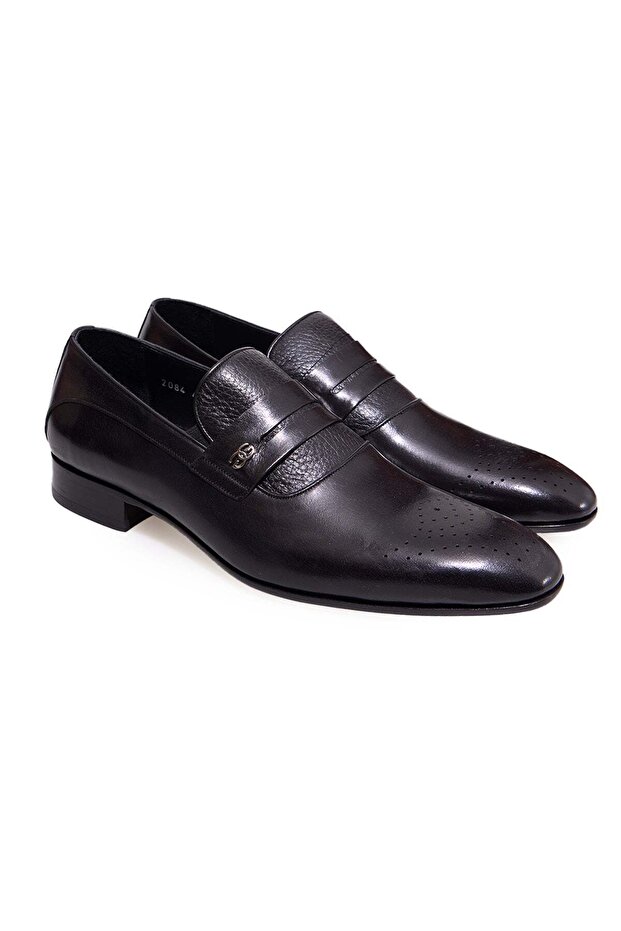 Black Color Laceless Genuine Leather Leather Sole Men's Shoes