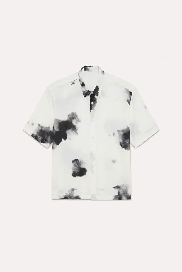 Ultra Soft Boxy Fit Printed Viscose Short Sleeve Ecru Shirt H6320Ax26Sm