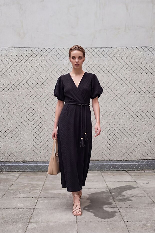 My Fashion Belted V-Neck Maxi Double-Breasted Dress