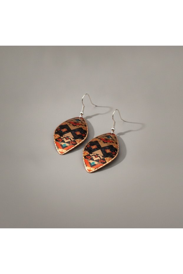 Copper Orange Black Kilim Patterned Dangle Earrings