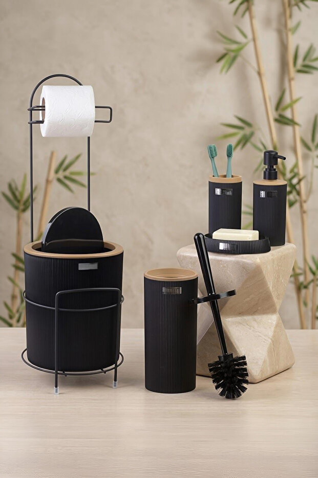 Black Round Mina Due Stand Toilet Paper Holder and 6-Piece Bathroom Set