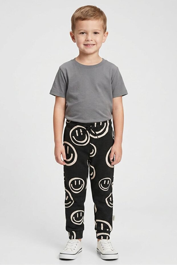 Kids Boy Drawstring Allover Print Jogger Pants, Black