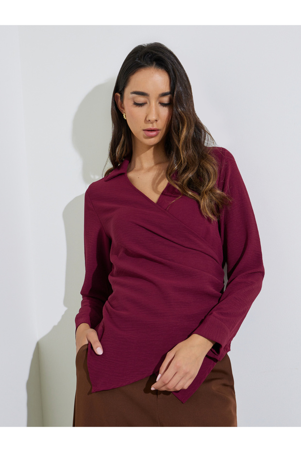 Maroon Drape Wrap Top with Buckle Detail
