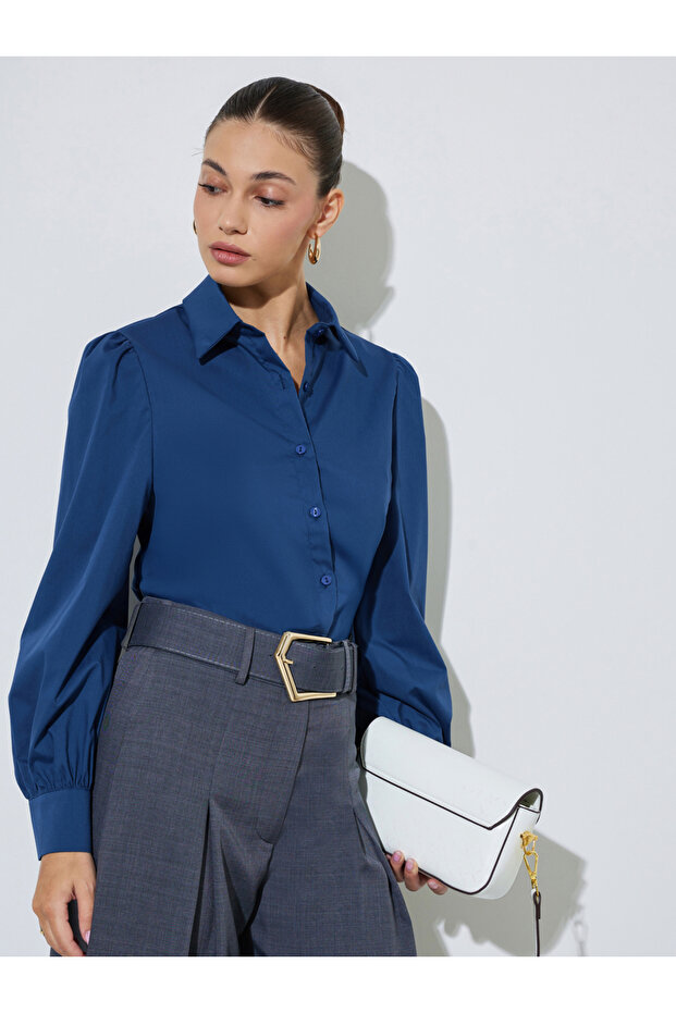 Navy Blue Puff Sleeve Fitted Shirt