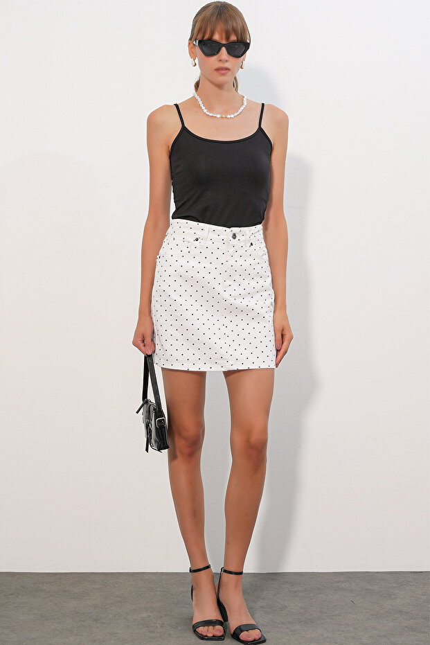 Women's Polka Dot Mini Denim Skirt 8086 - White