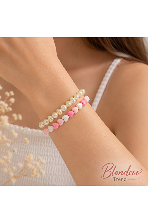 Heart Figured Pearl Beaded Adjustable Bracelet Set