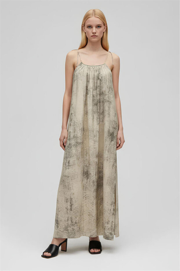 Beige Patterned Halter Neck Long Dress