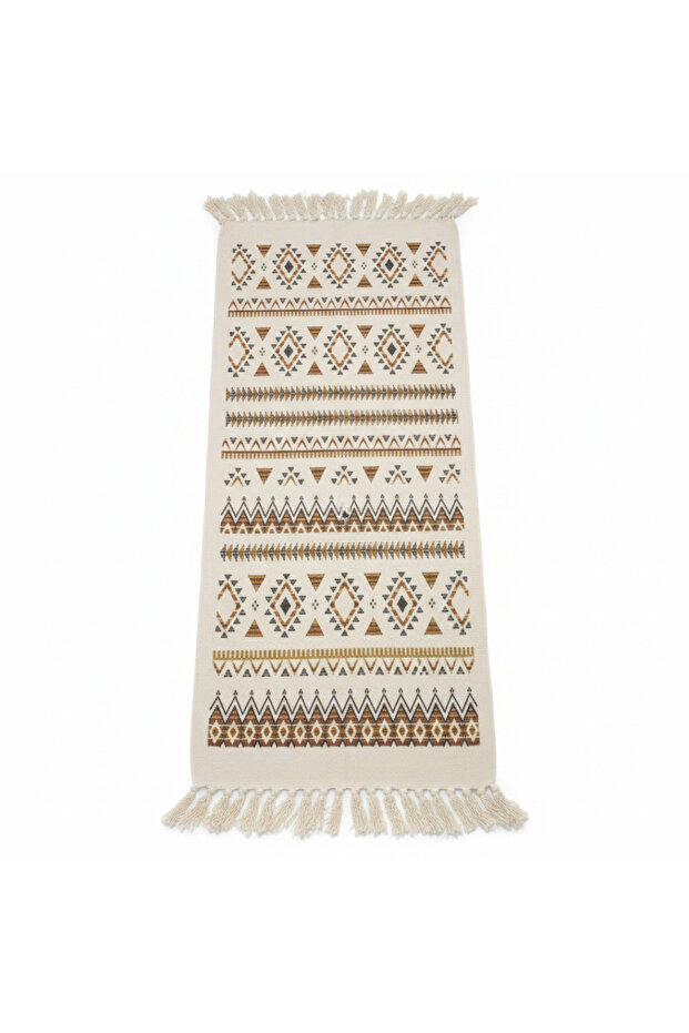 Handcrafted Moroccan Berber Flat Weave Runner Carpet | Geometric Tribal Pattern | 50% Cotton 50% Polyester | 60×180 cm | Cream White with Brown & Gold Motifs