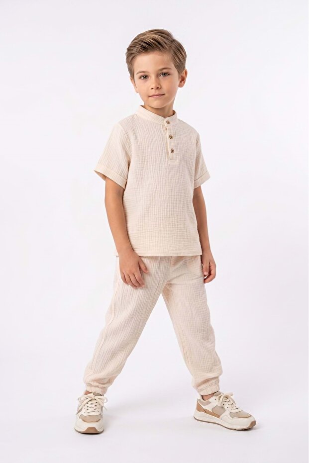 Cotton Muslin Fabric Summer Long Pants Short Sleeve Comfortable Set M00842 Beige