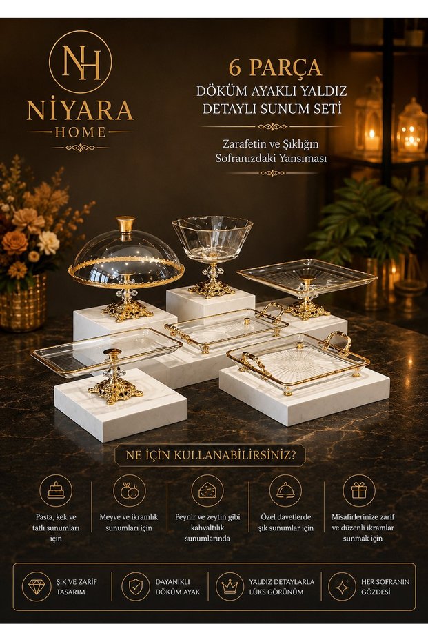 6-Piece Cast Iron Footed Presentation Set with Golded Details Ni̇yara —Home- the Reflection of Elegance and Sophistication on Your Table