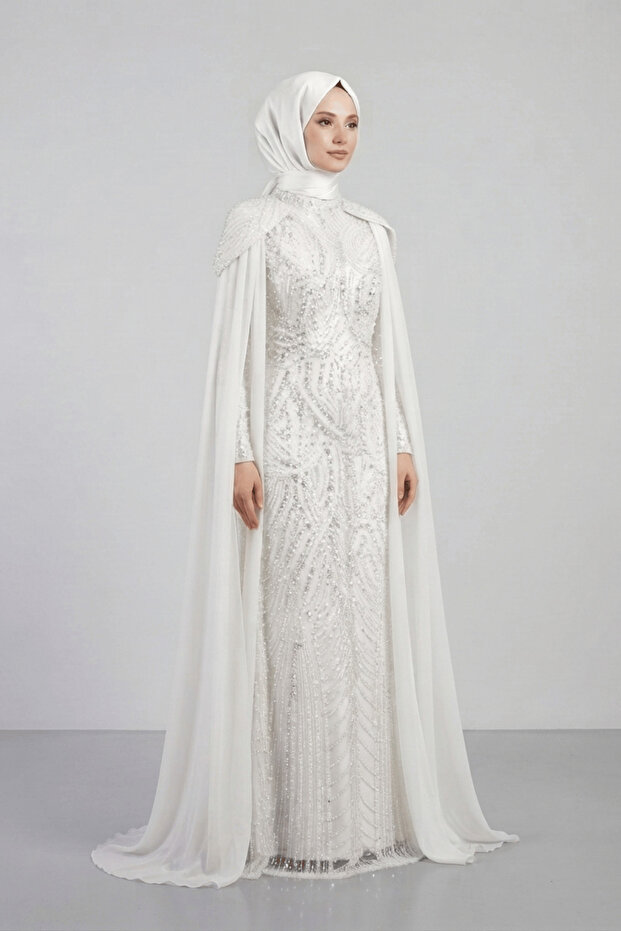 Full Beaded Fabric Sleeves Hijab Dress with Siphon Detail - White