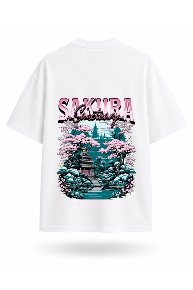 Japanese Temple and Cherry Blossom Pattern Back Print T-Shirt