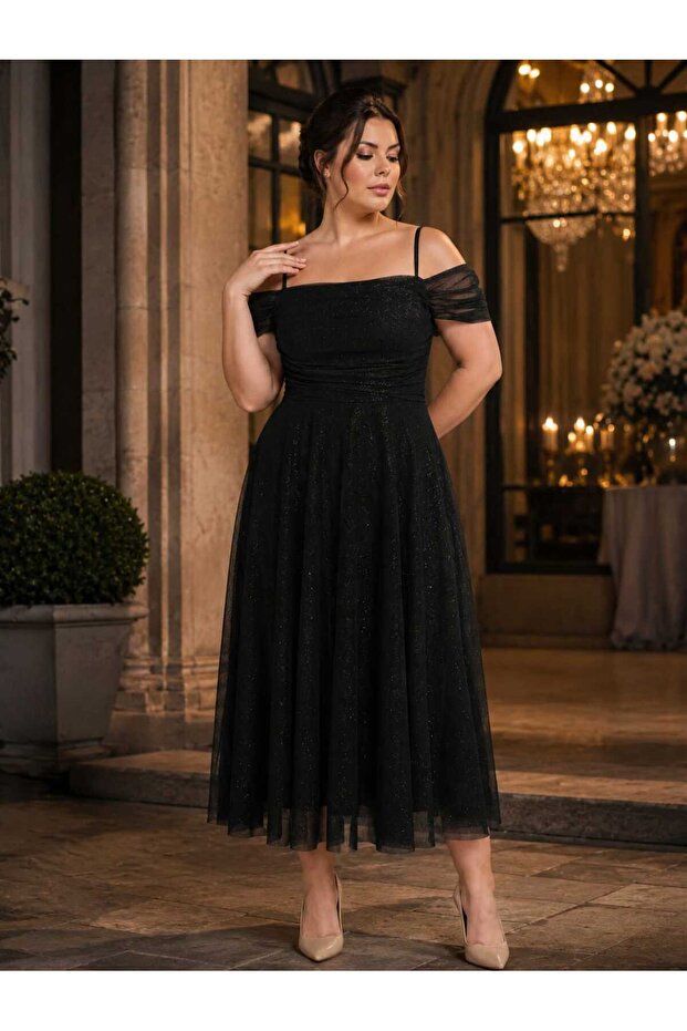 Glittery Evening Dress, Draplei Degaje Collar, Plus Size Evening Dress