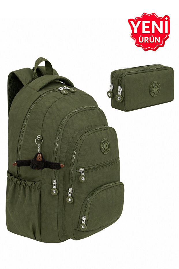 Set of 2 Luxury Crinkle Fabric High School and Middle School Backpack + Pencil Case, with Monkey Keychain Gift