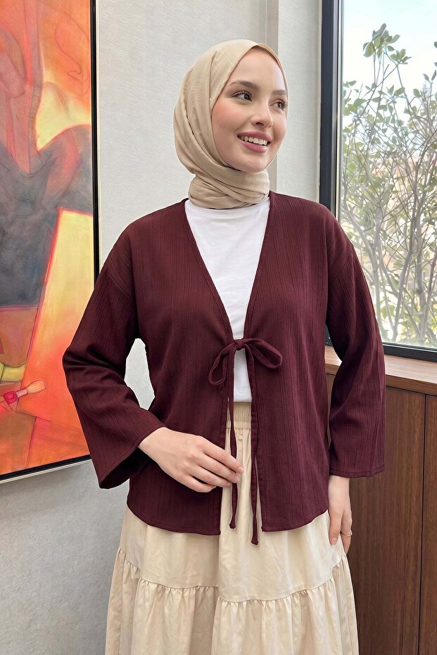 كيمونو منقوش بخطوط 2359 - أحمر داكن