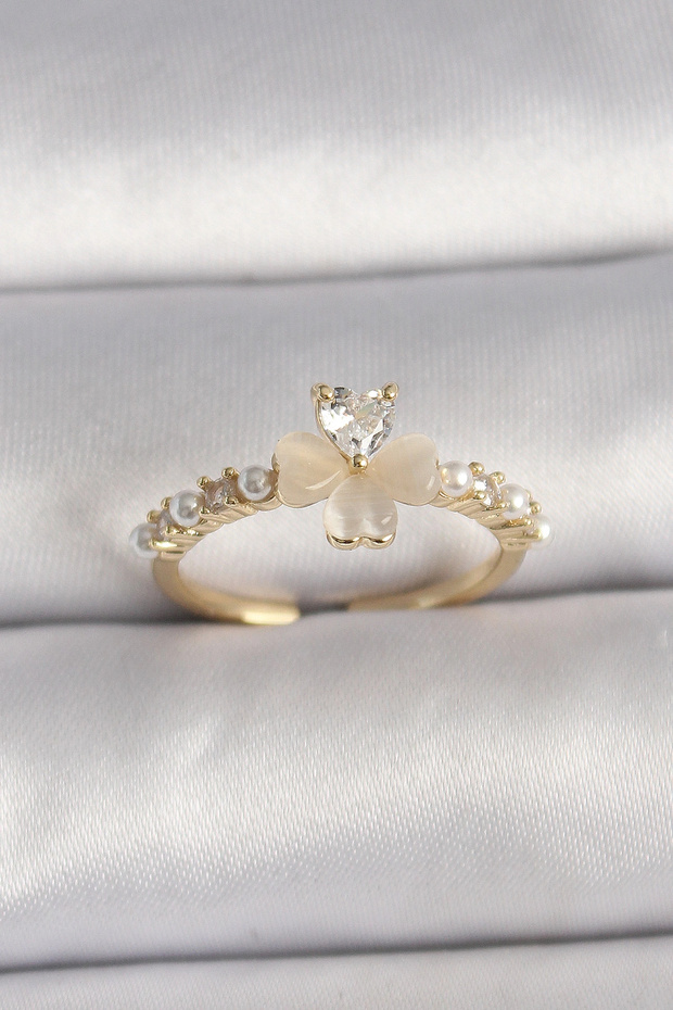 Brass Silver Color Zircon Stone White Enamel Clover Model Pearl Detail Adjustable Ring