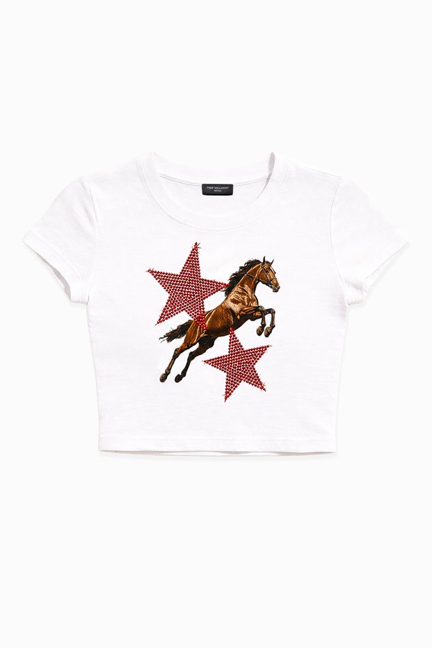 Star Horse Rhinestone Stone Printed Crop T-Shirt