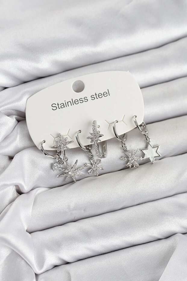 316L Steel Silver Color Star Model Zircon Stone Women's Earring Set