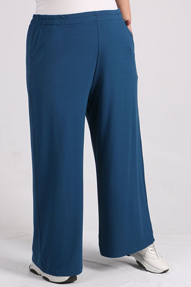 39000 Plus Size High Waist Elastic Combed Cotton Trousers - Petrol