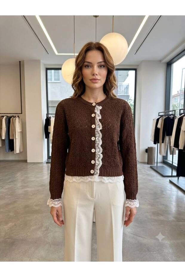 Women's Lace Detailed Seasonal Knitted Cardigan Coffee Color