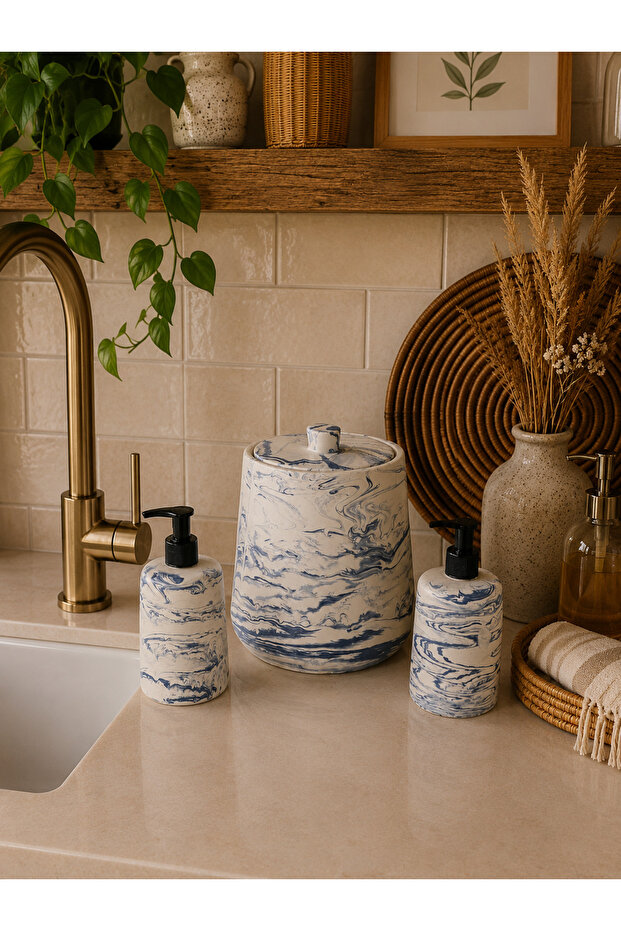 Decorative Marble Pattern Bohemian Style 3-Piece Kitchen Set Countertop Trash Can Liquid Soap Dispenser and Dishwashing Liquid Dispenser Set