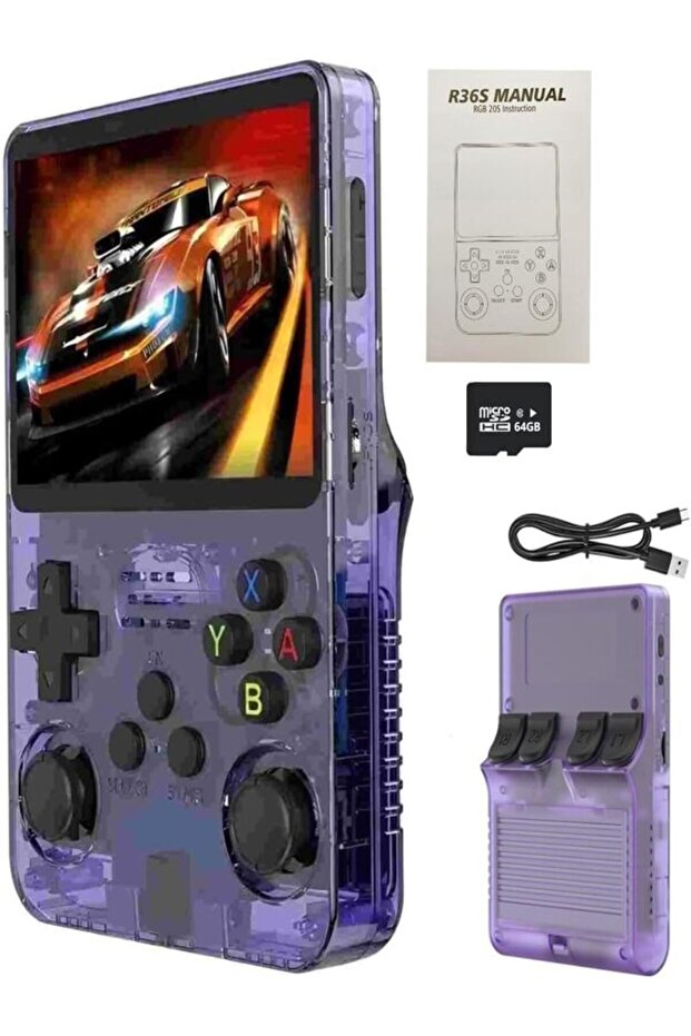 AASHZ Retro Handheld Game Console with 64GB Memory Card, 3.5-inch Screen, Transparent Purple