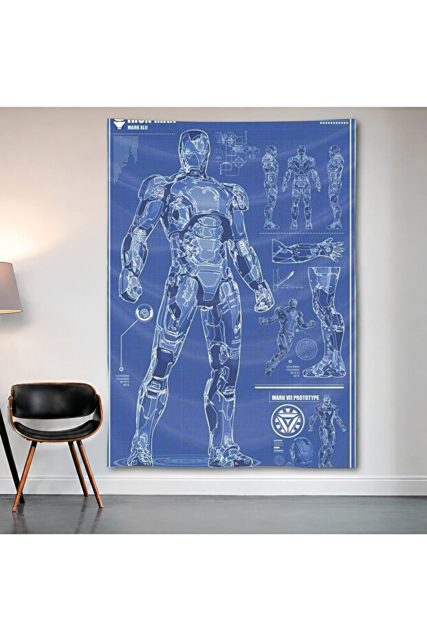 Iron Man Blueprint Wall Covering Wall Tapestry First Quality Satin Fabric Poster