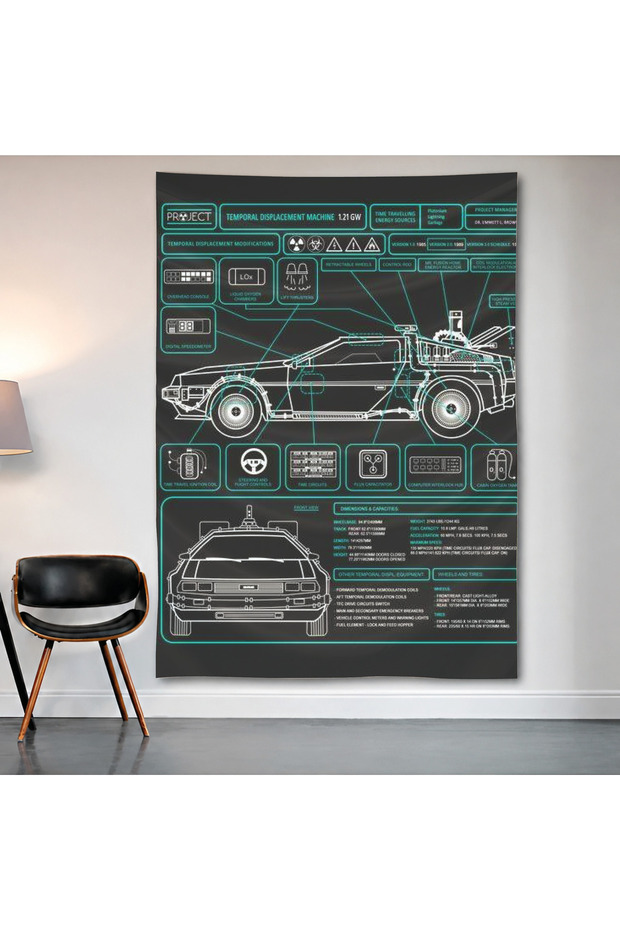 Back to the Future Delorean Blueprint Wall Cloth Wall Tapestry First Quality Satin Fabric Poster