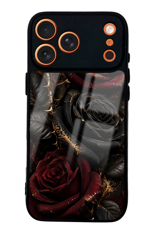 iPhone 17 Pro Max Obsidian Crimson Rose Design Glossy Phone Case