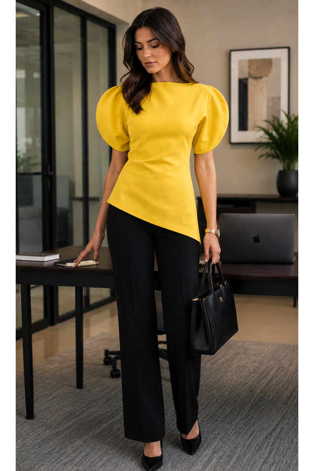 Women's Asymmetric Blouse with Balloon Sleeves